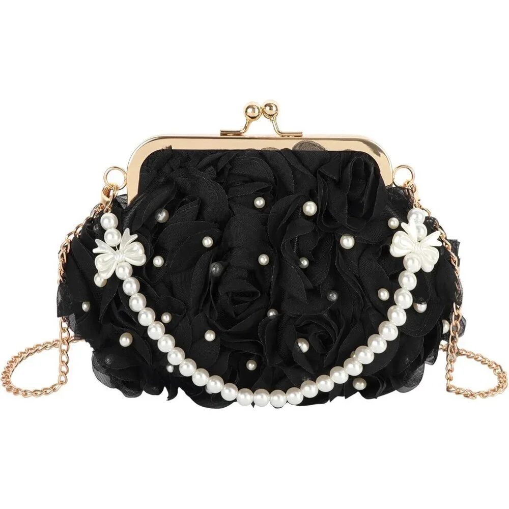 Women Mini Pearl Rose Flower Crossbody Shoulder Bag Top-handle Evening Clutch